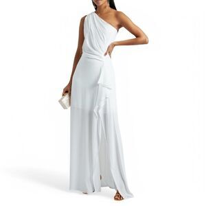 Halston Draped Maxi Dress White‎ Crepe One Shoulder Gown $553 new